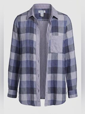 Caribbean Joe Purple Grey Plaid Button Down Flannel Shirt Mixed Gingham Shacket